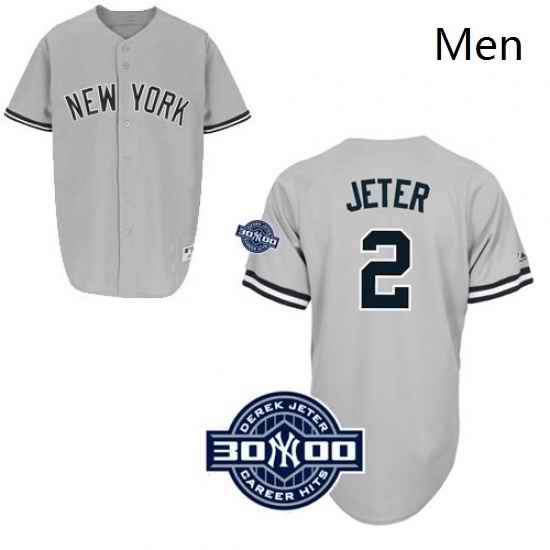 Mens Majestic New York Yankees 2 Derek Jeter Authentic Grey W3000 Hits Patch MLB Jersey